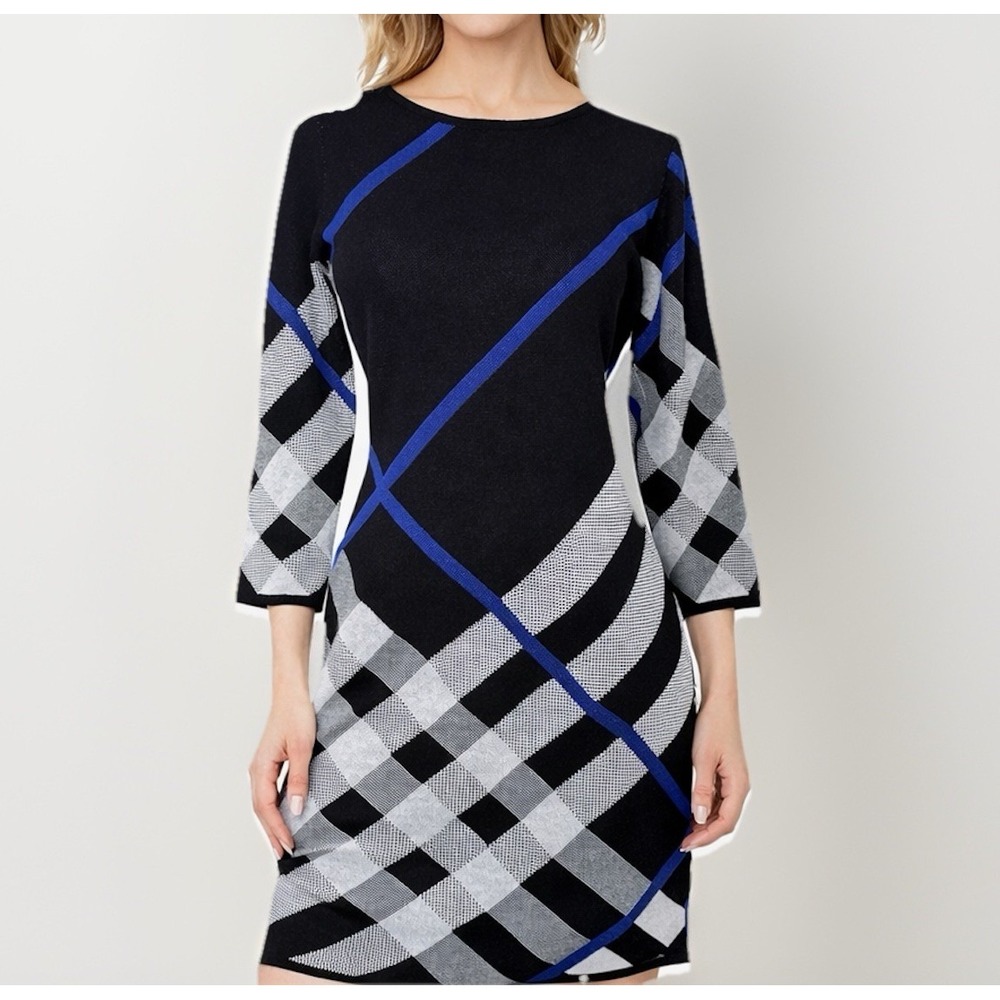 Nina Leonard‎ NWT Geometric Knit Shift Dress Women S Black Dark Academia Classic